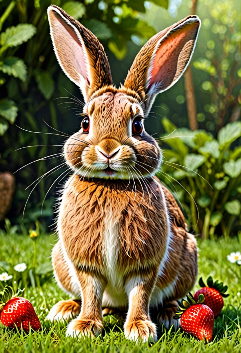 brown rabbit, with dark colored legs. He has very big ears and has a strawberry on his nose., He also has very long eyelashes and has white hearts on his fur.