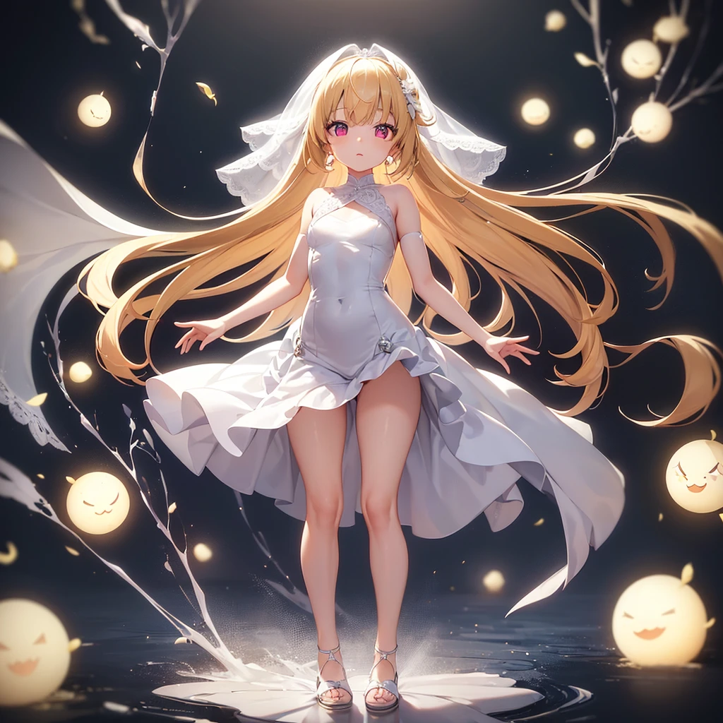 (((White Wedding Dress))), ((Revealing clothing)),((In a naughty way)),Cute li,Tiny Lori,Small girildish face, Very fine clean face,Top quality, Big eyes,Straight Hair,Yellow hair,Crimson Eye,(Dark Room), Subtle light, Natural light,Soft lighting,Light from directly behind, (Are standing), Cute pose, (Open your hands), Showing the whole body,Front view,Black background