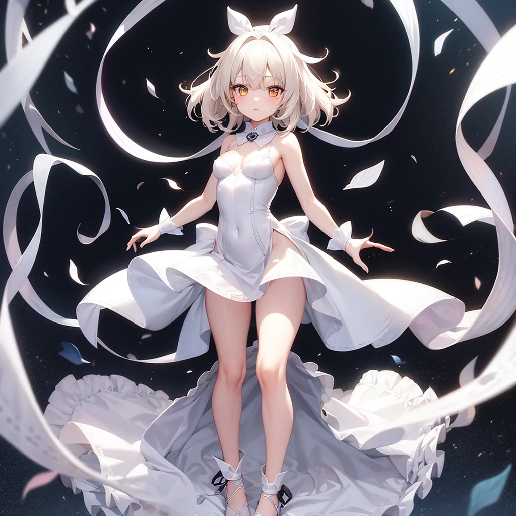 (((White Wedding Dress))), ((Revealing clothing)),((In a naughty way)),Cute little ,Tiny Lori,Small girl,,Childish face, Very fine clean face,Top quality, Big eyes,Straight Hair,Yellow hair,Crimson Eye,(Dark Room), Subtle light, Natural light,Soft lighting,Light from directly behind, (Are standing), Cute pose, (Open your hands), Showing the whole body,Front view,Black background