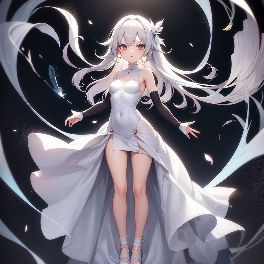 (((White Wedding Dress))), ((Revealing clothing)),((In a naughty way)),Cute li,Tiny Lori,Small girildish face, Very fine clean face,Top quality, Big eyes,Straight Hair,Yellow hair,Crimson Eye,(Dark Room), Subtle light, Natural light,Soft lighting,Light from directly behind, (Are standing), Cute pose, (Open your hands), Showing the whole body,Front view,Black background