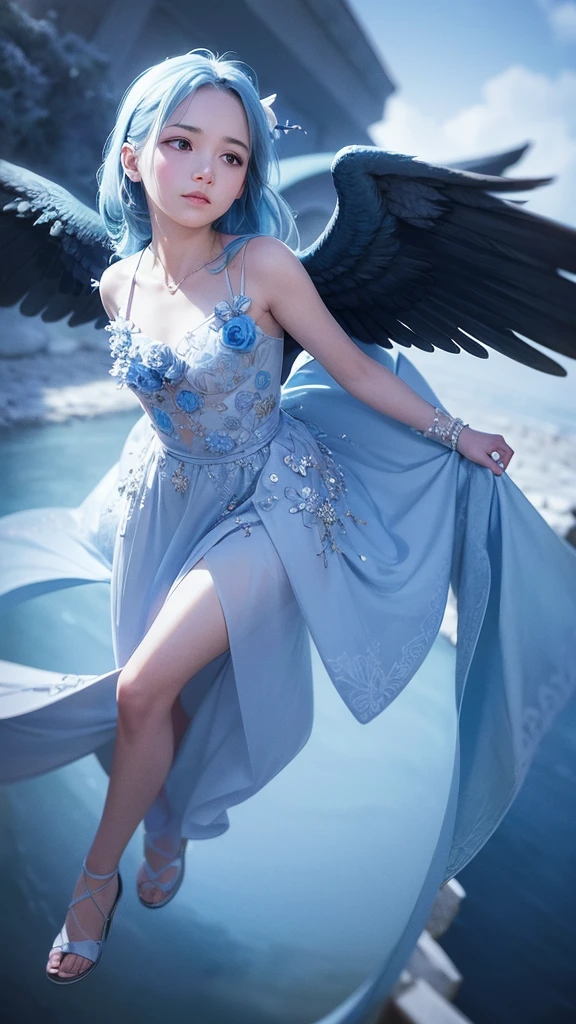 fly in the sky Angel cute blue sky flower Best Quality, Masterpiece, Ultra High Resolution, (Realisticity: 1.4), Cinematic Lighting