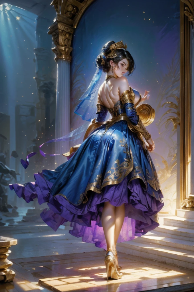 (muste piece,best quality:1.4),(8K,Raw photo,realistic photo:1.2 photorealistic,real skirt,model walking facing forward,The whole skirt is like a rose,Inspired by blue roses,Dress inspired by blue roses,Careful work while wearing a skirt、detailed fashion illustrations, magic dress, fashion design full of love, wearing a gold tulle dress, Details of clothes and face shape, purple blue dress, golden clothes, intricate garment designs, Wearing a robe, beautiful painting style, Wear fancy clothes, sophisticated design, Fashion concept art, Dreamy dresses