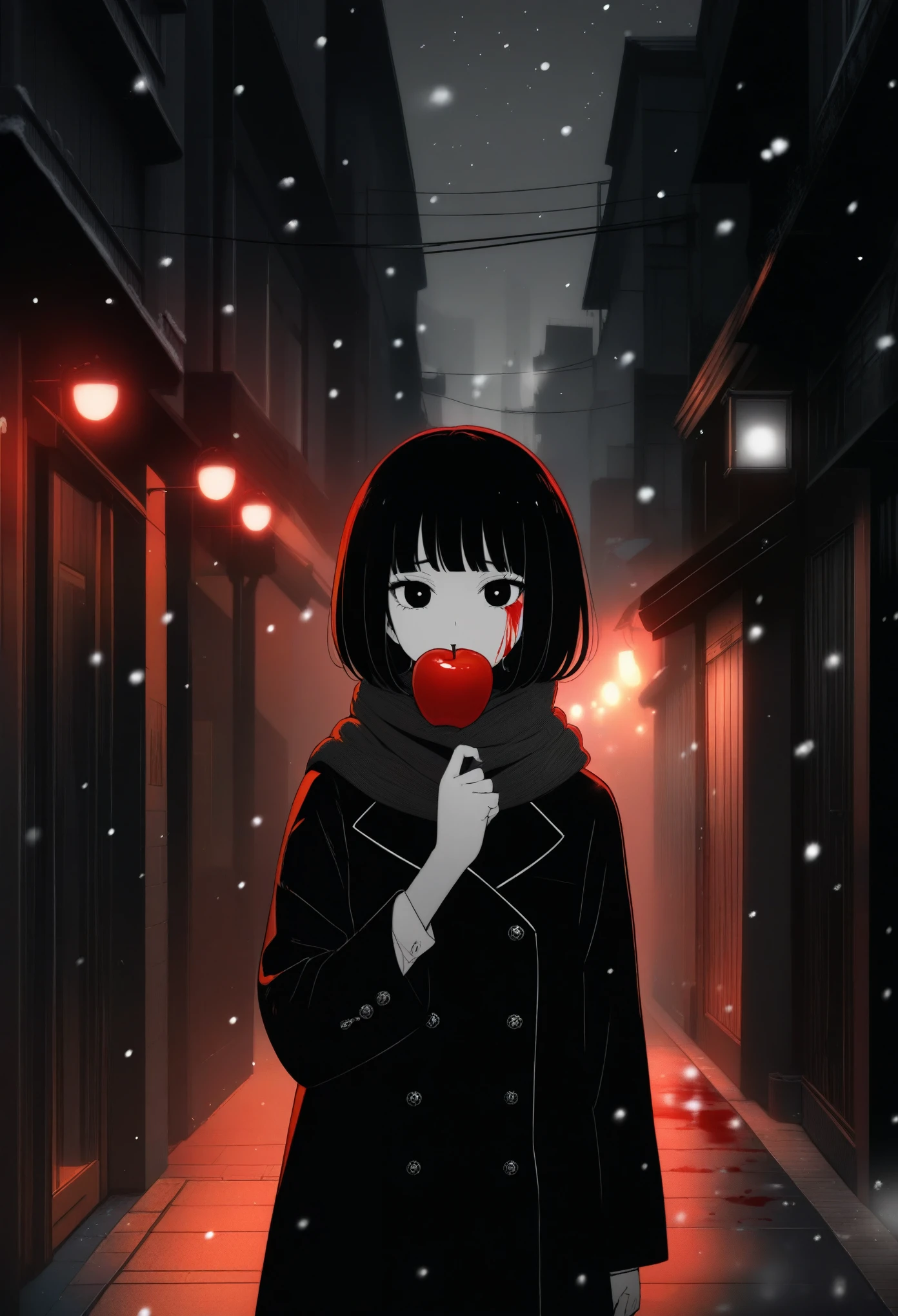 masterpiece, best quality, 1girl, momose_(oqo) official art, grayscale, manga style, japanese, chi no wadachi, black eyes, glowing white pupils, street, iced, black hair, schoolbag, lineart, looking at viewer, blood on face, black coat, black scarf, 35 years old, mature_female:1, tall, fair skinned, bokeh background, bob cut, light particles, centered, snowing, emotional anime scene, scenery, outdoors, (very aesthetic, best quality, ultra detailed), intricate details, red and blue lights flashing, cool, soleless, emotionless, tired, taking a bite out of a shiny red apple, eating apple, holding apple to lips, holding, street lamp, surrounded by darkness, stars in the sky, biting, full shot, sidewalk