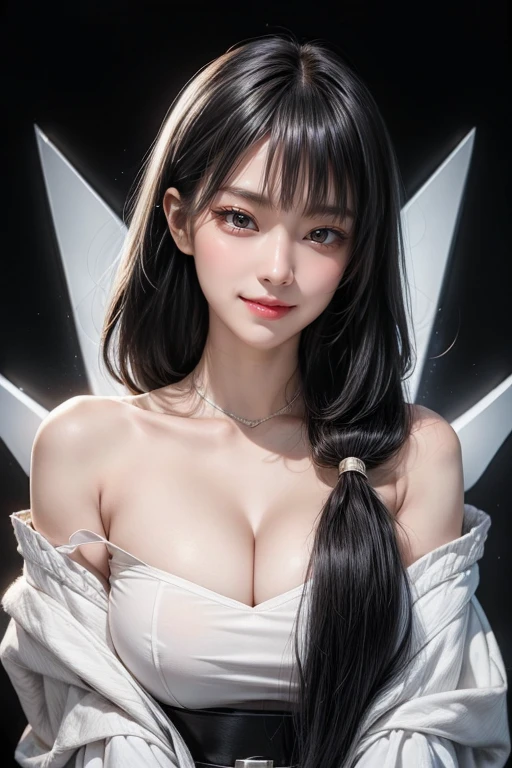 ((long_Ji_cut_hairstyle:1.5)),(((Bangs,Straight bangs:1.1))),(((Very long black hair, Ridiculously long black hair:1.1))),Simple white background, White shirt,cleveage, clavicle,Off-shoulder,Good belt, Black Hair,蓝Eye, Bangs, Long hair, 1 girl, 20 years old,infp young woman,beautiful Finger,beautiful long legs,beautiful body, beautiful nose,beautiful character design, 完美的Eye, 完美Face蛋,富有表现力的Eye,Perfect balance, Looking at the audience,(把注意力集中在她的Face上),Shut up, (Innocent_Large target_Eye:1.0),(Light_Smile:0.3), Official Art,Highly detailed CG Unity 8K wallpaper, Perfect 灯Light,colorful, bright_front_Face_灯Light,White skin, (On the table:1.0),(the best_quality:1.0), 超high resolution,4K,Extremely detailed, photography, 8K, nffsw, high resolution, :1.2, Kodak Portra 400, Film Grain, Blurred background, Bokeh:1.2, 镜头Light晕, (Energetic_color:1.2),专业photography, (beautiful,Large target_breast:1.4), (beautiful_Face:1.5),(narrow_waist), (((丰满柔软的breast,)))(((巨Large targetbreast))) (((Cleavage)))