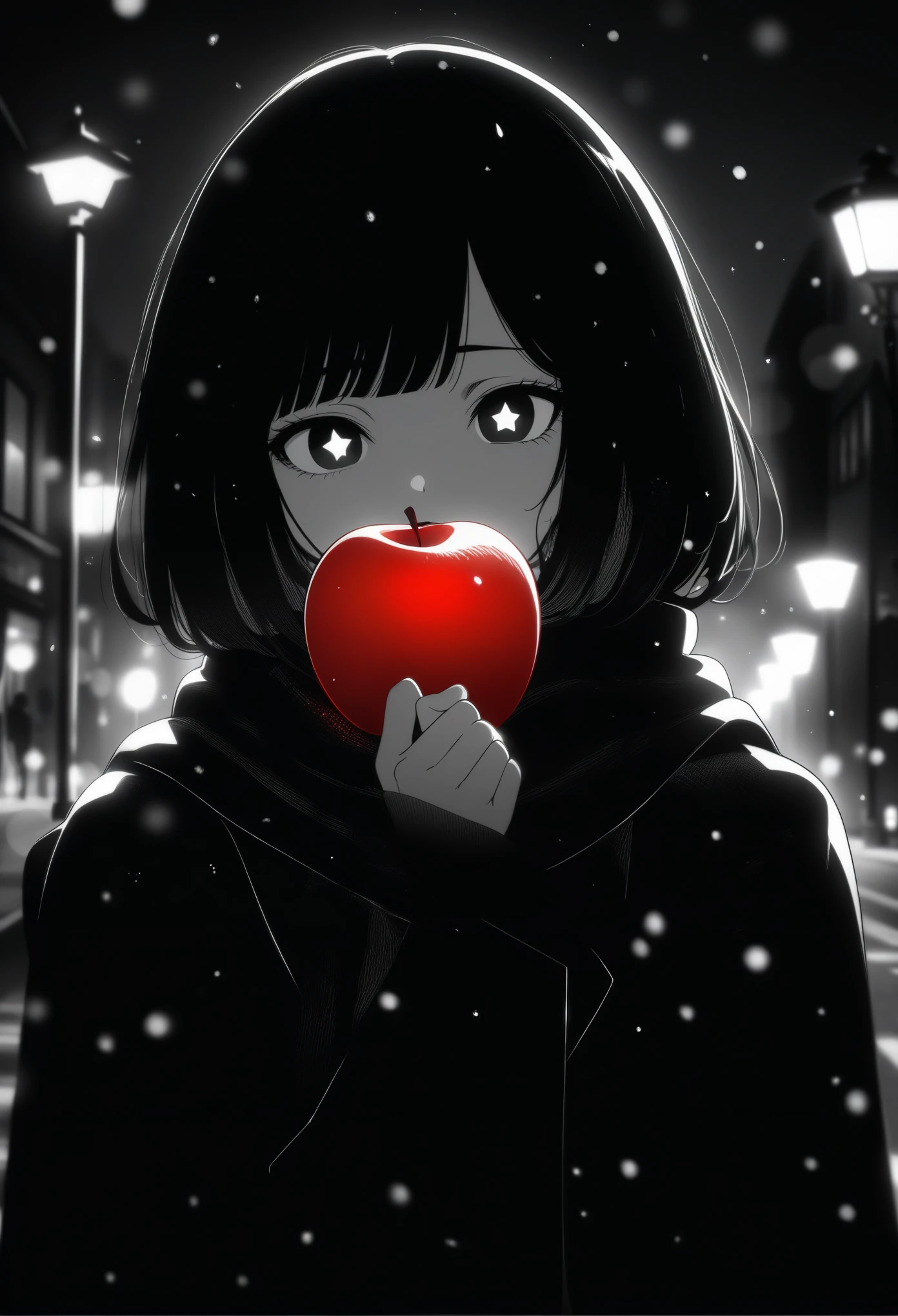 masterpiece, best quality, 1girl, momose_(oqo) official art, grayscale, manga style, japanese, chi no wadachi, black eyes, glowing white pupils, street, iced, black hair, schoolbag, lineart, looking at viewer, blood on face, black coat, black scarf, 35 years old, mature_female:1, tall, fair skinned, bokeh background, bob cut, light particles, centered, snowing, emotional anime scene, scenery, outdoors, (very aesthetic, best quality, ultra detailed), intricate details, red and blue lights flashing, cool, soleless, emotionless, tired, taking a bite out of a shiny red apple, eating apple, holding apple to lips, holding, street lamp, surrounded by darkness, stars in the sky, biting, full shot, sidewalk
