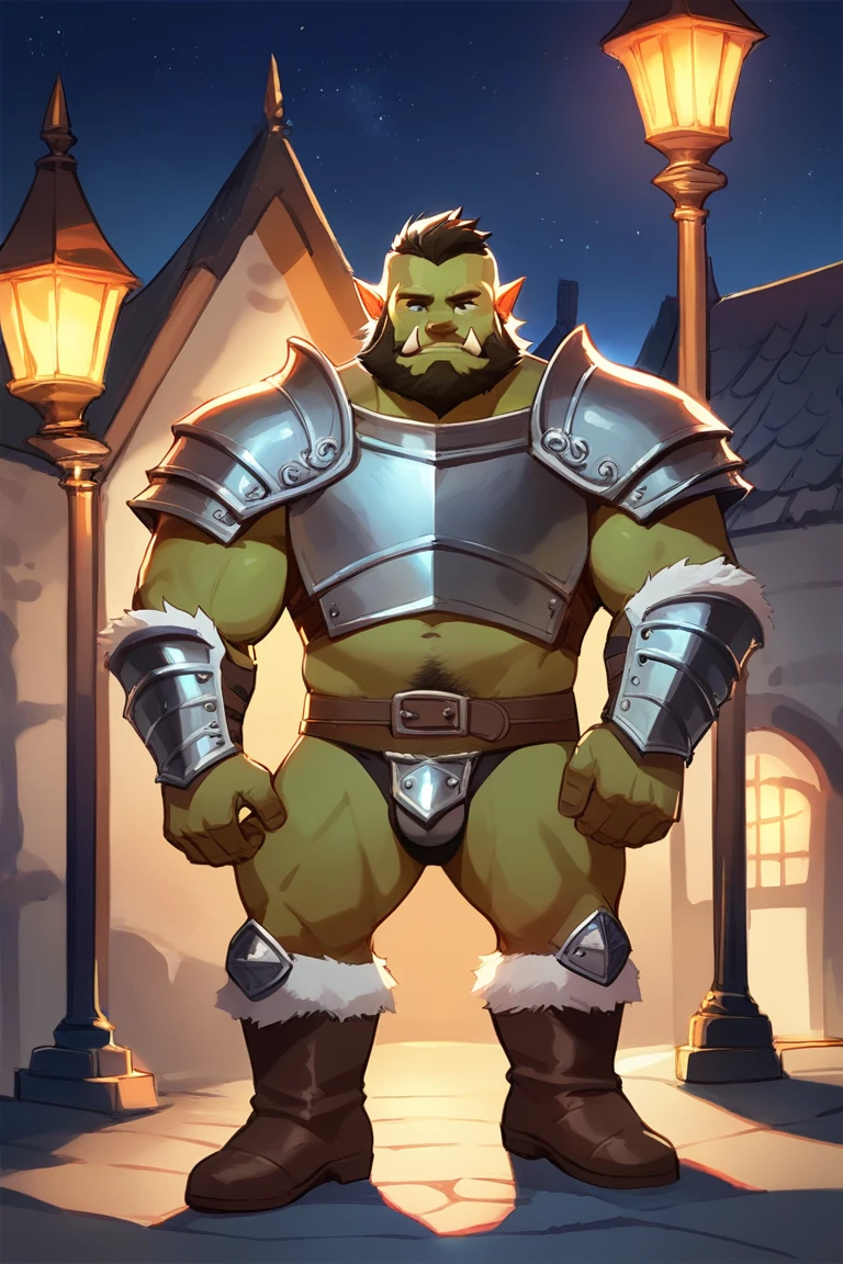 score_9, score_8_up, score_7_up, solo, male focus, mature male, orc, green skin, tusks, beard, outdoors, (micro armor) , shoulder armor, breastplate, upper body, closed mouth, pauldrons, night, night sky, boots , ( black micro briefs ) , full body , black boots , laying spread legs , legs up