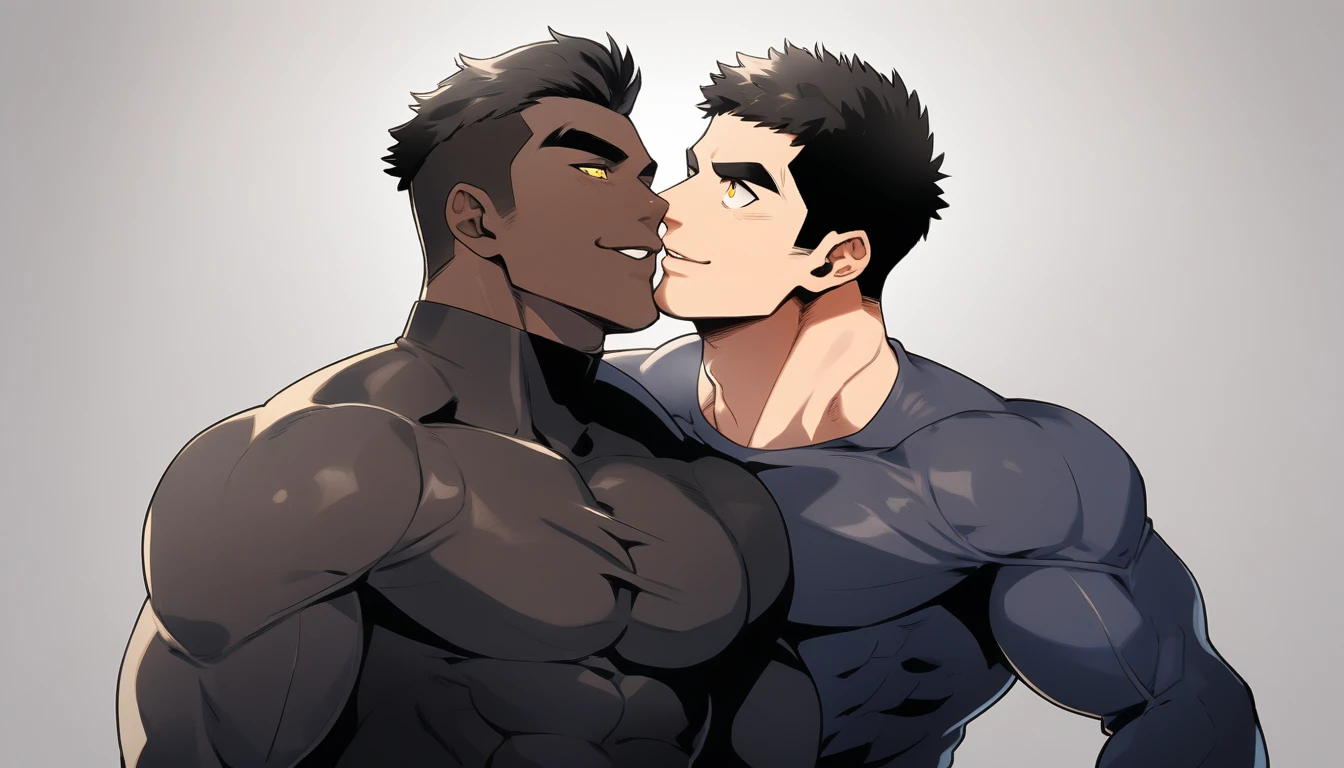 anime characters:Two superheroes in tights, Muscle superhero, negro black skin, They hugged and kissed each other, Caress, Manliness, male focus, Yellow and black high collar long sleeve tight T-shirt, Slightly transparent material, Very tight, Round, full and perky chest muscles, Male dog waist, Slightly transparent, muscular male, muscular, only, Upper body, alone, Black short hair, Thick eyebrows, stubble, Yellow eyes, Grey background, simple background, amazing quality, best aesthetics, Ridiculous, bright pupils, crew cut, parted lips, seductive smile, torogao, naughty face, drop shadow, best quality
