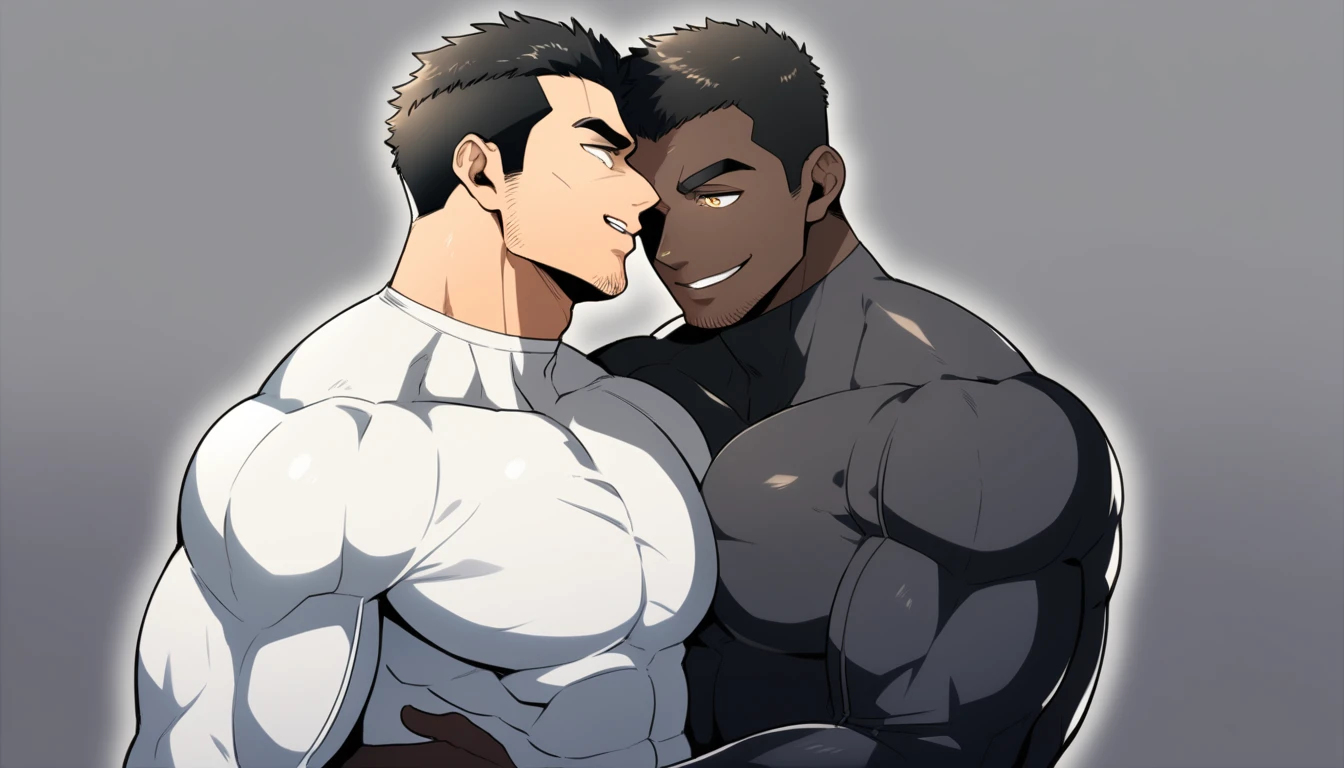 anime characters:Two superheroes in tights, Muscle superhero, negro black skin, They hugged and kissed each other, Caress, Manliness, male focus, Yellow and black high collar long sleeve tight T-shirt, Slightly transparent material, Very tight, Round, full and perky chest muscles, Male dog waist, Slightly transparent, muscular male, muscular, only, Upper body, alone, Black short hair, Thick eyebrows, stubble, Yellow eyes, Grey background, simple background, amazing quality, best aesthetics, Ridiculous, bright pupils, crew cut, parted lips, seductive smile, torogao, naughty face, drop shadow, best quality