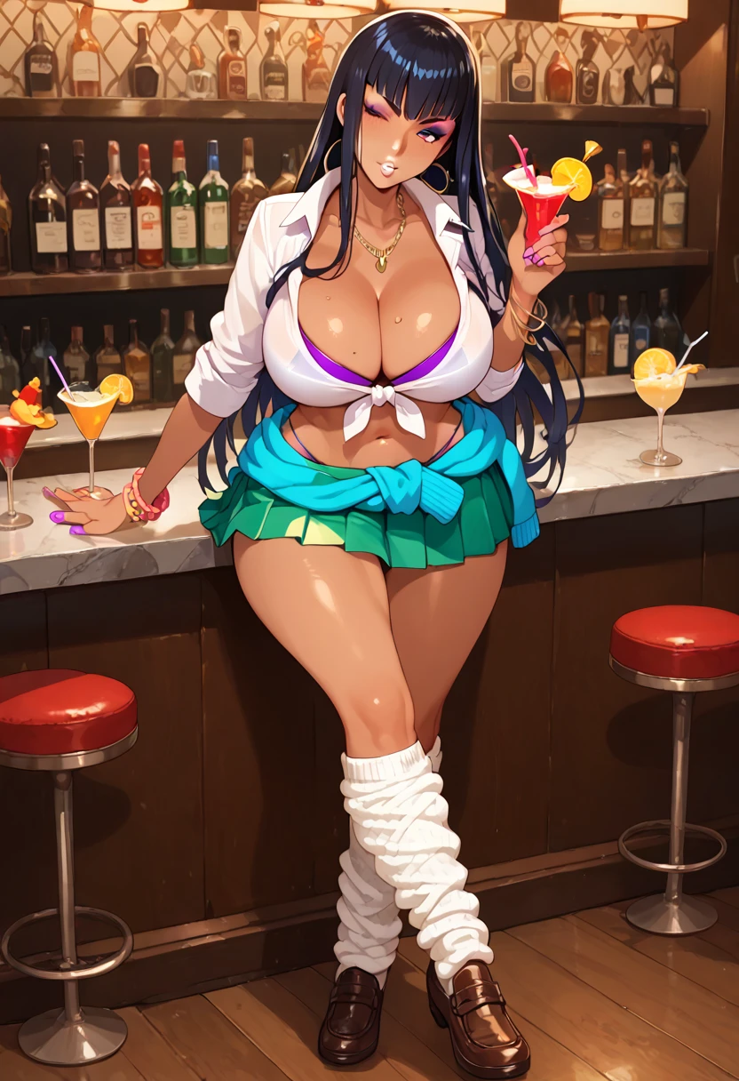Score_9, score_8_up, score_7_up, score_6_up, source_anime, gyaru, slutty_clothes, expressiveh, kiryuuin_satsuki, long hair, black hair, drinking cocktail with lemon slice, crossed legs, full body, 1girl, dark-skinned female, solo, looking at looking at viewer, one eye closed, head tilt, blush, white lips, makeup, purple eyeliner, purple eyeshadow, gyaru, front-tie top, pleated skirt, green skirt, white leg warmers, loose socks, loafers, clothes around waist, bracelet, curvy, voluptuous, large breasts, cleavage, midriff, indoors, detailed background, bar \(place\),