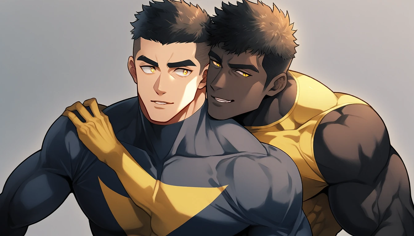 anime characters:Two superheroes in tights, Muscle superhero, negro black skin, They hugged and kissed each other, Caress, Manliness, male focus, Yellow and black high collar long sleeve tight T-shirt, Slightly transparent material, Very tight, Round, full and perky chest muscles, Male dog waist, Slightly transparent, muscular male, muscular, only, Upper body, alone, Black short hair, Thick eyebrows, stubble, Yellow eyes, Grey background, simple background, amazing quality, best aesthetics, Ridiculous, bright pupils, crew cut, parted lips, seductive smile, torogao, naughty face, drop shadow, best quality