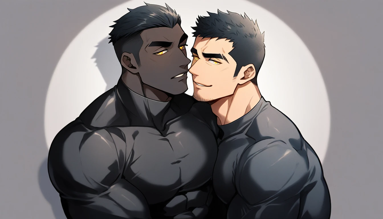 anime characters:Two superheroes in tights, Muscle superhero, negro black skin, They hugged and kissed each other, Caress, Manliness, male focus, Yellow and black high collar long sleeve tight T-shirt, Slightly transparent material, Very tight, Round, full and perky chest muscles, Male dog waist, Slightly transparent, muscular male, muscular, only, Upper body, alone, Black short hair, Thick eyebrows, stubble, Yellow eyes, Grey background, simple background, amazing quality, best aesthetics, Ridiculous, bright pupils, crew cut, parted lips, seductive smile, torogao, naughty face, drop shadow, best quality