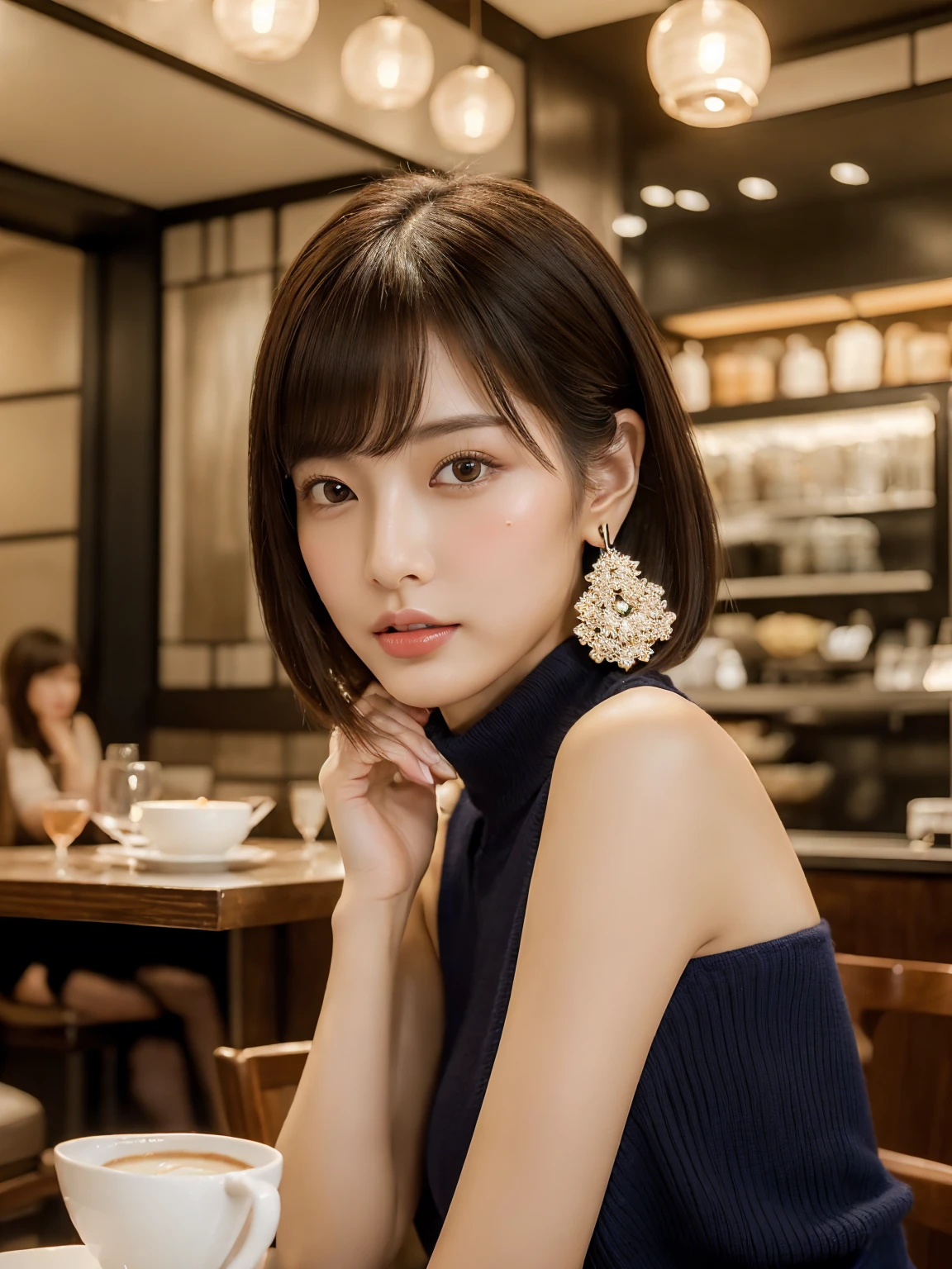 (Ultra-high resolution:1.5)(Very detailed:1.3) (super high quality) (super high quality:1.5) (Realistic photos:1.3) Japanese women 19 years old ((Fine and beautiful features:1.3)) ((Realistic skin texture:1.To be precise, High quality eyes:1.3)) ((High-quality ear beauty with attention to detail:1.3)) ((Very white and clear skin:1.3)) ((Beautifully styled straight short bob hair:1.3))Perfect body Beautiful proportions (Trending Fashion) (Aranawa off-shoulder navy blue knit) The background is the interior of a cafe at dusk.. Beautiful depiction, Luxurious and stylish interior ((Audience'Perspective)) (Wet half-open lips:1.3). feminine, Soft and gentle shoulders Big Breasts ((cute:1.3)) (Amazing high resolution images) Girls are very interested in guys'genital