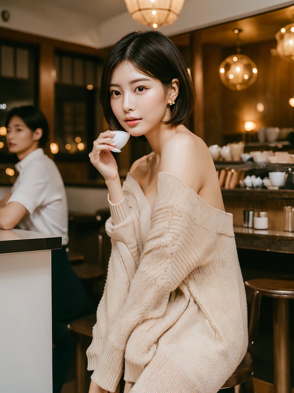 (Ultra-high resolution:1.5)(Very detailed:1.3) (super high quality) (super high quality:1.5) (Realistic photos:1.3) Japanese women　19 years old　((Fine and beautiful features:1.3)) ((Realistic skin texture:1.To be precise, High quality eyes:1.3)) ((High-quality ear beauty with attention to detail:1.3)) ((Very white and clear skin:1.3)) ((Beautifully styled straight short bob hair:1.3))Perfect body　Beautiful proportions　(Trending Fashion) (Aranawa off-shoulder navy blue knit)  The background is the interior of a cafe at dusk..　Beautiful depiction, Luxurious and stylish interior　((Audience&#39;Perspective))  (Wet half-open lips:1.3). feminine, Soft and gentle shoulders　Big Breasts　((cute:1.3))  (Amazing high resolution images) Girls are very interested in guys&#39;genital