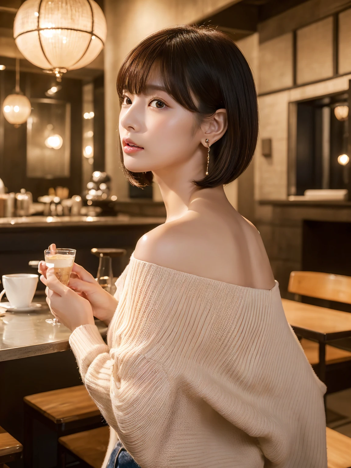 (Ultra-high resolution:1.5)(Very detailed:1.3) (super high quality) (super high quality:1.5) (Realistic photos:1.3) Japanese women　19 years old　((Fine and beautiful features:1.3)) ((Realistic skin texture:1.To be precise, High quality eyes:1.3)) ((High-quality ear beauty with attention to detail:1.3)) ((Very white and clear skin:1.3)) ((Beautifully styled straight short bob hair:1.3))Perfect body　Beautiful proportions　(Trending Fashion) (Aranawa off-shoulder navy blue knit)  The background is the interior of a cafe at dusk..　Beautiful depiction, Luxurious and stylish interior　((Audience&#39;Perspective))  (Wet half-open lips:1.3). feminine, Soft and gentle shoulders　Big Breasts　((cute:1.3))  (Amazing high resolution images) Girls are very interested in guys&#39;genital