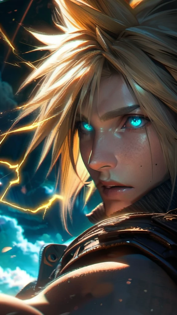 Symetrical,absurdres, highres, ultra detailed, HDR, masterpiece, extremely detailed face and eyes, Cloud Strife,final fantasy 7, yellow hair , , solo, man, handsome, ,, , Epic fight scene, yellow lightning effect, glowing glitters, symetrical 