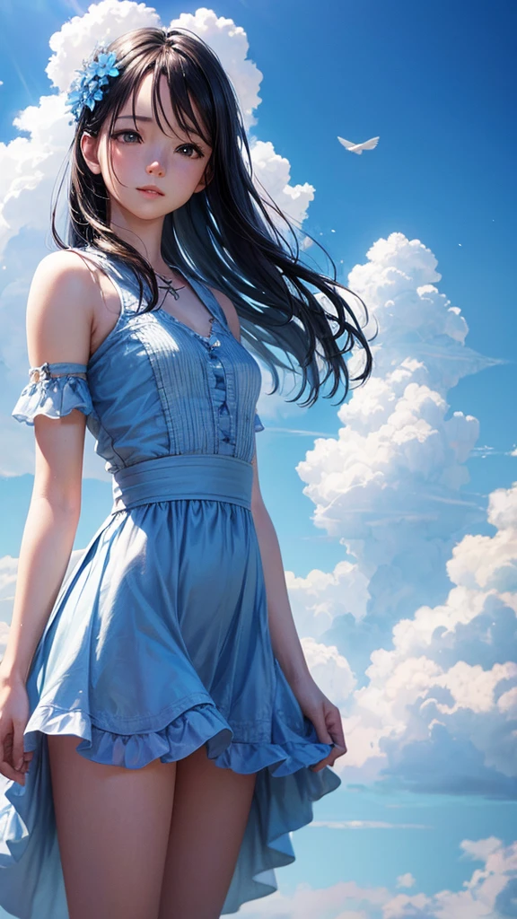 fly in the sky Angel cute blue sky flower Best Quality, Masterpiece, Ultra High Resolution, (Realisticity: 1.4), Cinematic Lighting