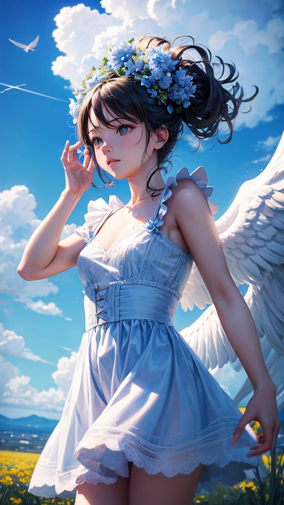 tmasterpiece, beste-Qualit, filmstill, 1 cat, Cat goddess of water Cat from the clouds, soaring in the sky, a closeup of a, The vibrant, a happy, warm soft lighting, Sundown, (sparks: 0,7) The Goddess of Water