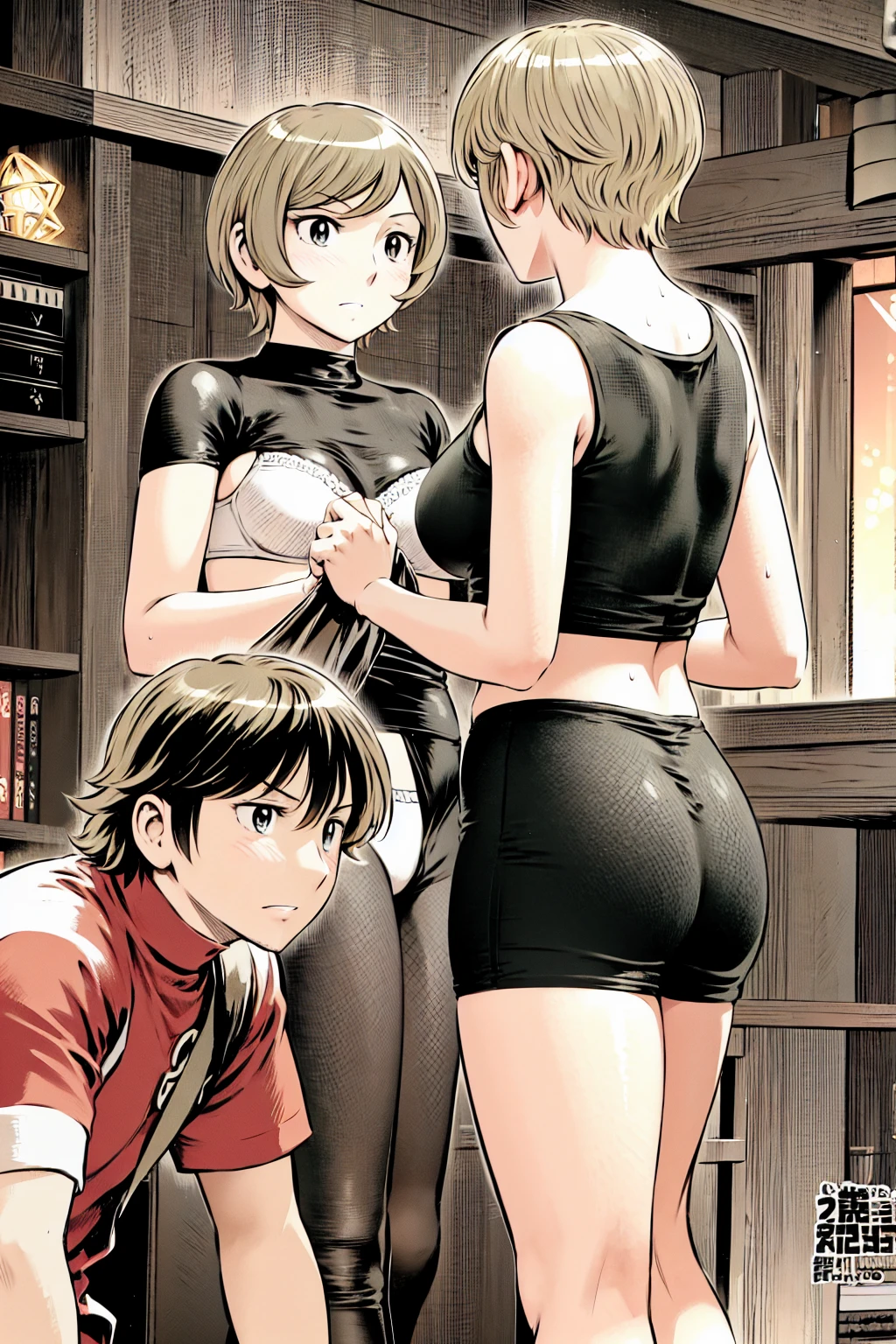 、(masterpiece、Highest quality)、Highest quality, Ultra-high resolution, (((masterpiece))), alone, Sweat、Big eyes, In underwear、bra、Panties、Small underwear、Composition from the front、(Cut the back hair short、short hair、blonde、woman)、Shortcuts、Embarrassed face、Cut your hair short、可愛いwomanの子、Big Breasts