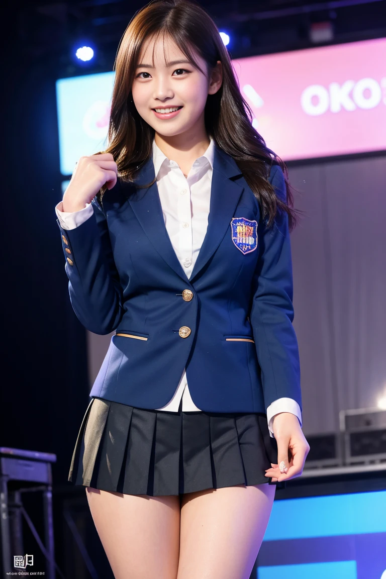 (8k), (highest quality: 1.2), (Realistic), (Realistic: 1.37), Ultra-high resolution, 1 girl, cute, (Embarrassed smile:1.2), (Blushing:1.4)Mouth closed, Beautiful details, Beautiful Nose, Wet Hair, Giant Dulcefo, pork, Thighs,Navel exposed,University Student Uniform,A simple blazer,Pleated skirt,Platform boots,Dancing on the school stage,(Shiny Thighs:1.2),Medium Shot,Thick thighs,Super Low Angle