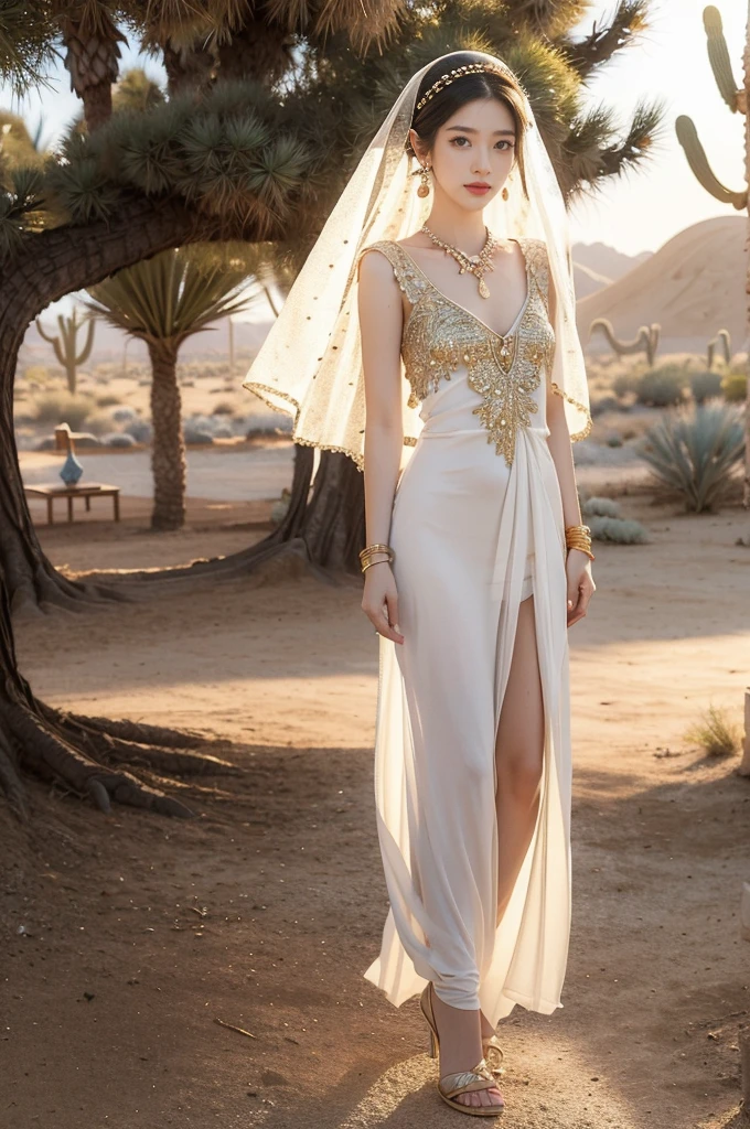 (((best quality))),(((ultra detailed))),(((masterpiece))),illustration,1girl, solo,princess, Arabic,slim,thin, ((palace, desert)),gold, gemstones,headscarf, veil on face,white sheer traditional clothing, hairband, deep eyes, elegant face, subtle smile,earrings,necklace,slender legs,high heels,sunlight, shining, serene, environment,day scene,out door,standing,((full body,from front)),((small breasts,flat chest,arms behind back))