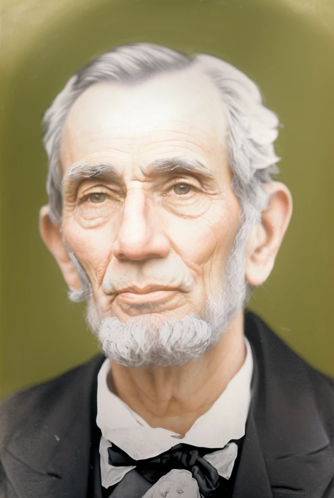 há um homem com barba e gravata borboleta, tom mapeado william-adolphe, Abraham Lincoln, a colorido photo, portrait of Abraham Lincoln, colorido photo, colorido, colorido photograph, retrato pintado centrado no lado, rosto restaurado realista, pintado digitalmente, fechar o retrato, colorido background, rendering of fechar o retrato, retrato colorido, colorido 1 9 0 4 photo