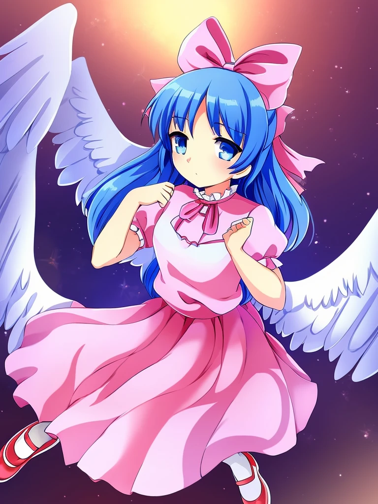 masterpiece, best quality, 1girl, , , 10 years old, medium blue hair, hair flaps, pink ribbon on head, well-formed face, blue eyes, angel girl, white blouse, puffy short sleeves, red ribbon, angel wings, long white skirt, red shoes, frills, ribbon head