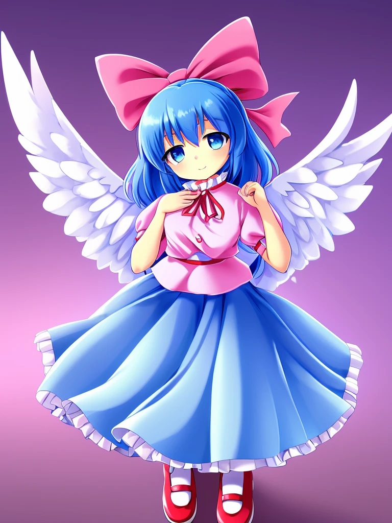 masterpiece, best quality, 1girl, , , 10 years old, medium blue hair, hair flaps, pink ribbon on head, well-formed face, blue eyes, angel girl, white blouse, puffy short sleeves, red ribbon, angel wings, long white skirt, red shoes, frills, ribbon head