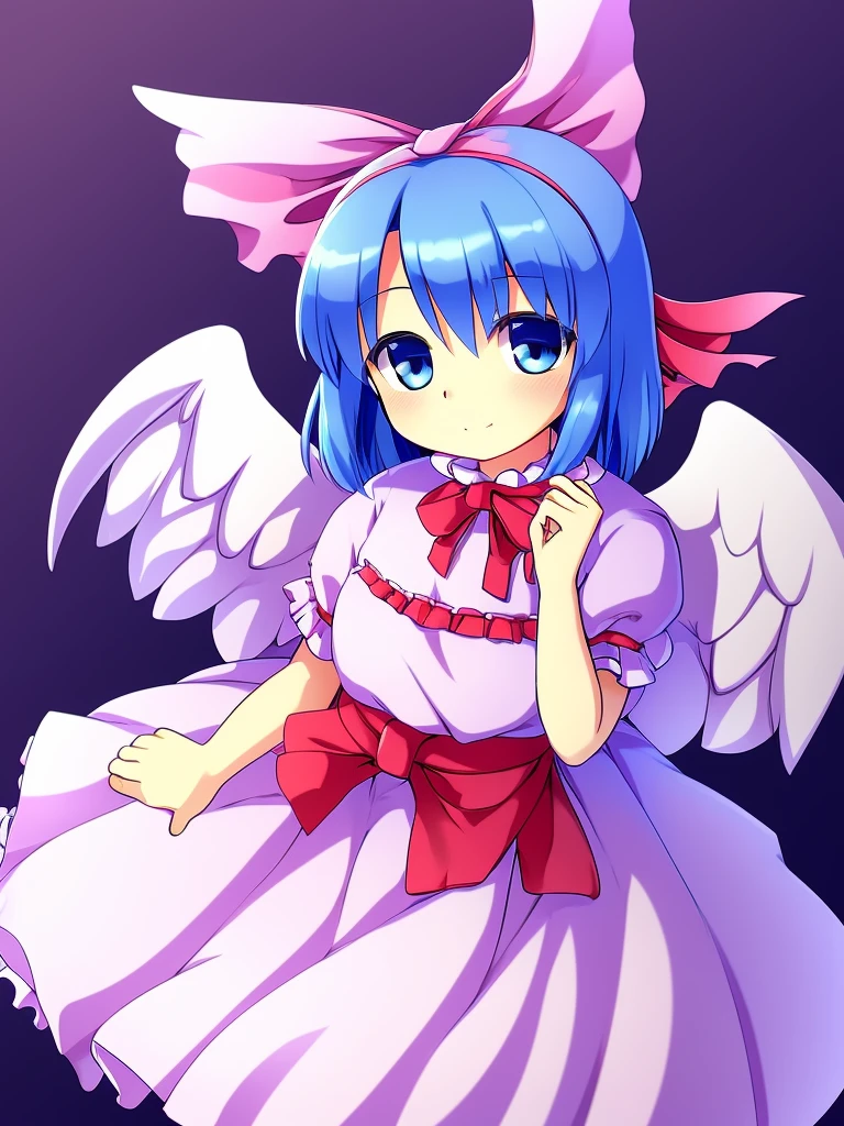 masterpiece, best quality, 1girl, , , 10 years old, medium blue hair, hair flaps, pink ribbon on head, well-formed face, blue eyes, angel girl, white blouse, puffy short sleeves, red ribbon, angel wings, long white skirt, red shoes, frills, ribbon head