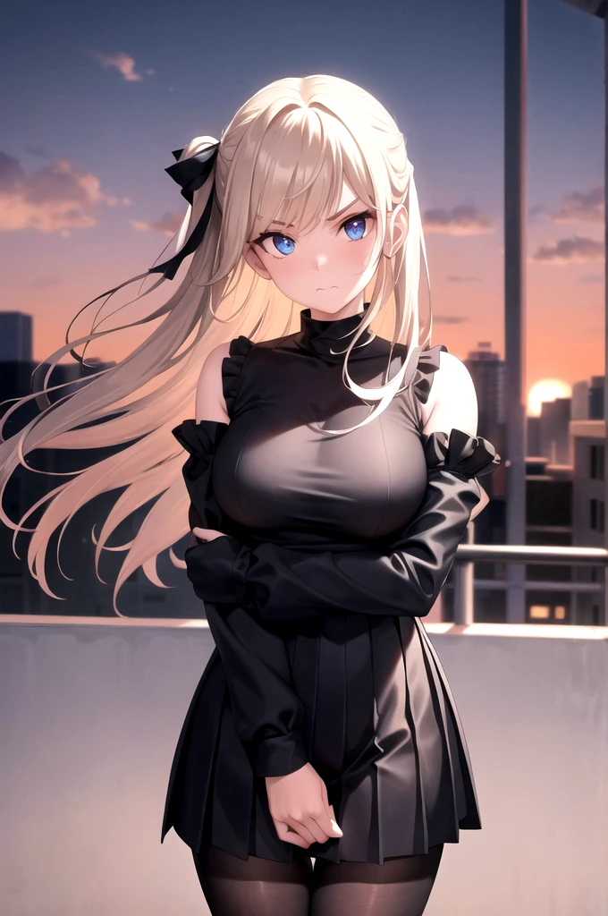 Candid Shot At Girl Picture, Volumetric Lighting, Best Shadows, Shallow Depth of Field, Portrait Of Stunningly Beautiful Girl, Delicate Beautiful Attractive Face With Alluring Sharp Blue Eyes, Sharp Eyebrows, Enjoying The Scenery, Closed Mouth, Lovely Medium Breasts, Layered Long Black Two-Side Up Hair, Windswept Hair, Hair Ribbon, Blush Eyeshadow, Thick Eyelashes, Cross On The Red Turtleneck Shirt, Long Sleeve, Slim Waist, Black Short Pleated Skirt, Thigh Gap, Black Thigh-High Stockings, Red Sky At Night, Clouds, School Rooftop, Under Red Moon, Rooftop Guardrails, Villagescape, Facing Away, Side View of Leaning On Railing, Shoulder Blades, (Highest Quality, Amazing Details:1.25), (Solo:1.3), Brilliant Colorful Paintings