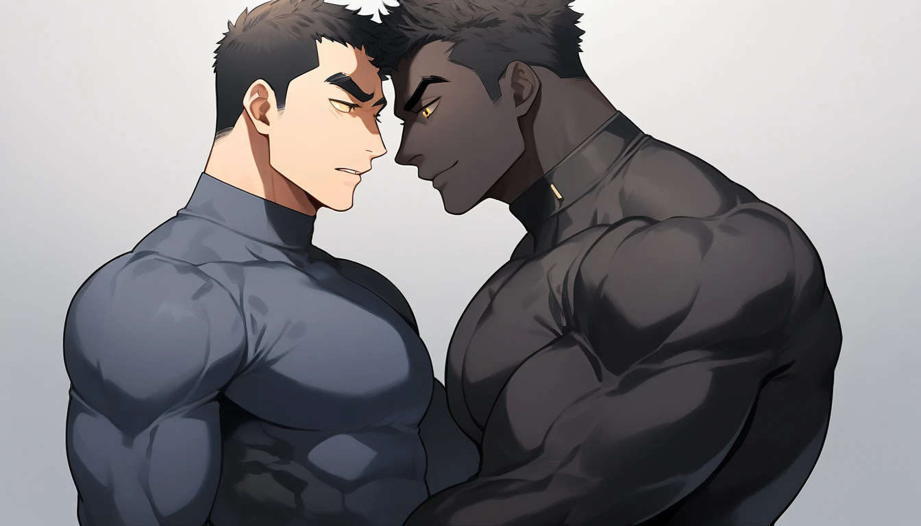 anime characters:Two superheroes in tights, Muscle superhero, negro black skin, They hugged and kissed each other, Bite your neck, Caress, Manliness, male focus, Yellow and black high collar long sleeve tight T-shirt, Slightly transparent material, Very tight, Round, full and perky chest muscles, Male dog waist, Slightly transparent, muscular male, muscular, only, Upper body, alone, Black short hair, Thick eyebrows, stubble, Yellow eyes, Grey background, simple background, amazing quality, best aesthetics, Ridiculous, bright pupils, crew cut, parted lips, seductive smile, torogao, naughty face, drop shadow, best quality