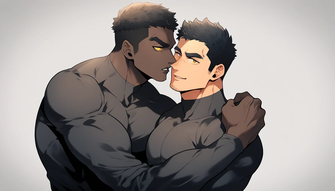 anime characters:Two superheroes in tights, Muscle superhero, negro black skin, They hugged and kissed each other, Bite your neck, Caress, Manliness, male focus, Yellow and black high collar long sleeve tight T-shirt, Slightly transparent material, Very tight, Round, full and perky chest muscles, Male dog waist, Slightly transparent, muscular male, muscular, only, Upper body, alone, Black short hair, Thick eyebrows, stubble, Yellow eyes, Grey background, simple background, amazing quality, best aesthetics, Ridiculous, bright pupils, crew cut, parted lips, seductive smile, torogao, naughty face, drop shadow, best quality