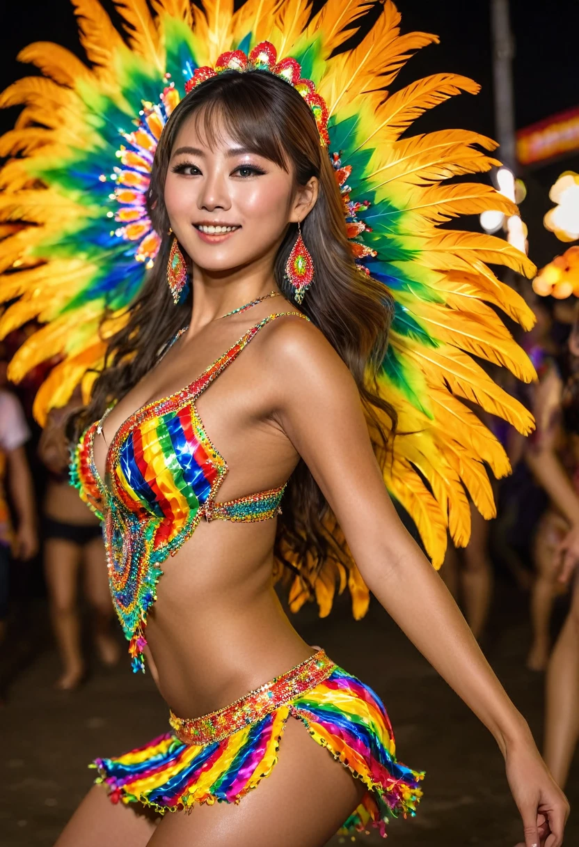 best quality, 8k, very delicate and beautiful, highly detailed face and skin texture, shiny skin, high resolution, huge tits and huge booty sexy brown hair tanned skin japanese girl in colorful samba dance dress dancing in carnival at night, side view, full body, sharp focus