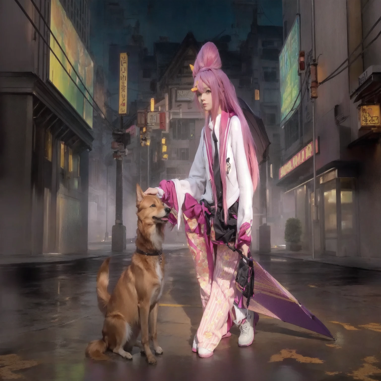 anime girl with pink hair and a purple umbrella with a dog,