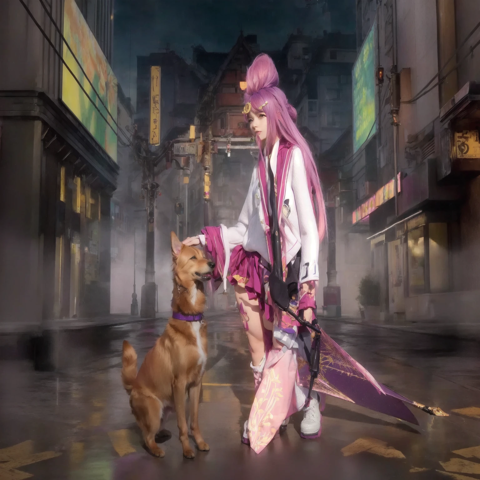anime girl with pink hair and a purple umbrella with a dog, 