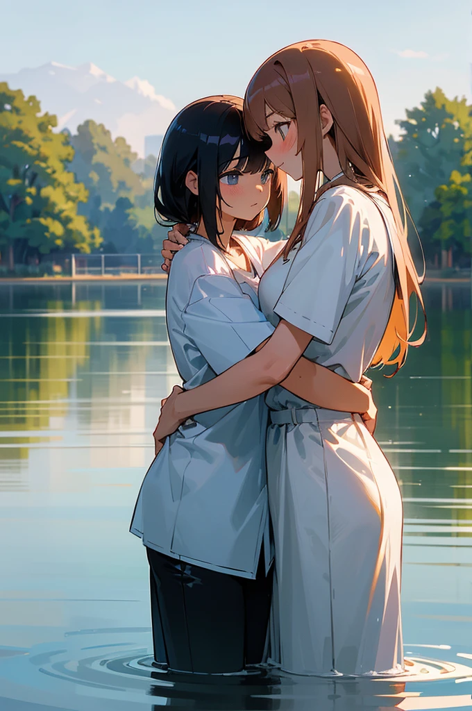 (masterpiece,high quality),2 Girls,leading,Anime Girl,Look at each other,Hug each other,Gentle eyes,Medium chest,wet shirt,(Standing in the lake),morning glow:1.2,Side view: A beautiful woman that all men in the world want to embrace