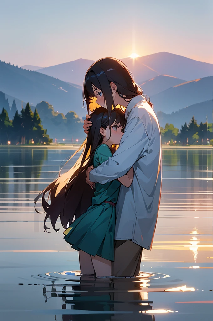 (masterpiece,high quality),2 Girls,leading,Anime Girl,Look at each other,Hug each other,Gentle eyes,Medium chest,wet shirt,(Standing in the lake),morning glow:1.2,Side view: A beautiful woman that all men in the world want to embrace