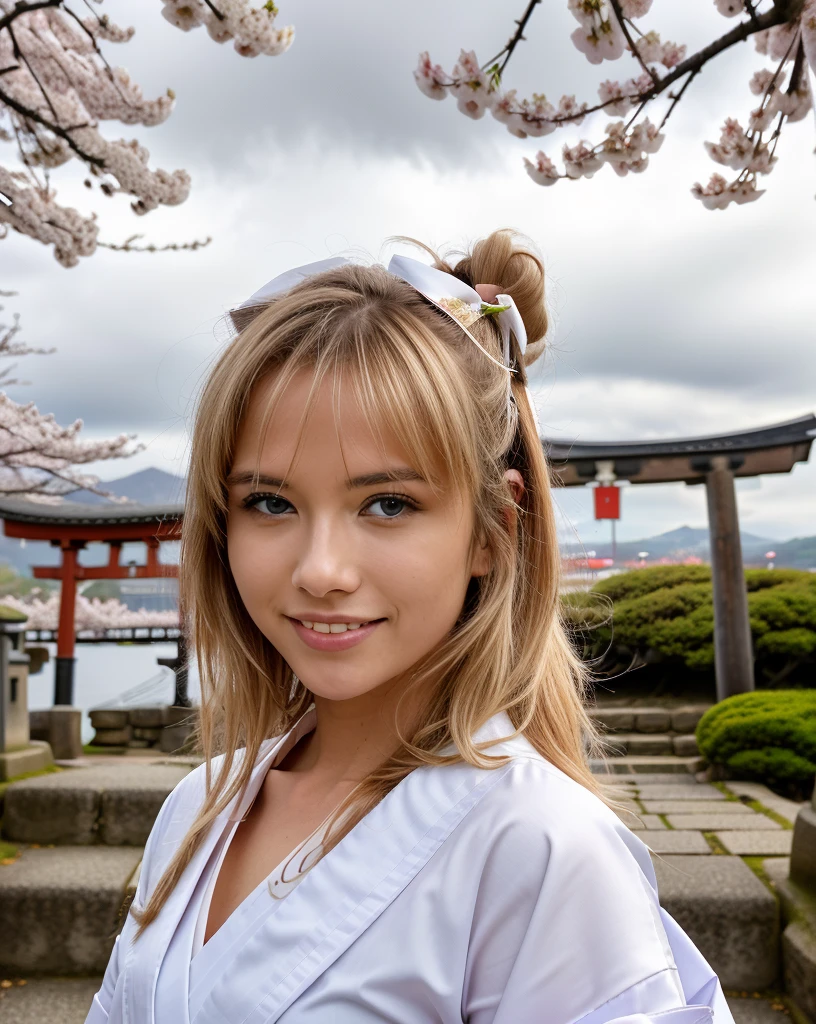 (((masterpiece: 1,5, best quality, high resolution, super resolution, ultra detailed: 1,2, rich background: 1,4))), (close up), (1girl), solo, green eyes, blonde long hair tied with blue ribbon, hair ornament, blunt bangs, smiling, highschool girl, medium breast, ((hand on the air)), japanese clothes, (blue short pattern kimono), sandals, ribbon, obi, ((outdoor)), cherry blossom, (torii gate), stone staircase, sky (afternoon), cherry blossoms fall, ((dramatic light: 1,3)), cloudy, (fuji scenery behind)