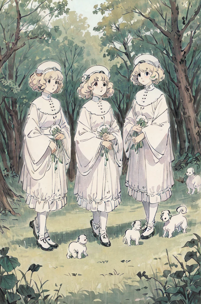 5 white poodle puppies in a beautiful and quiet forest