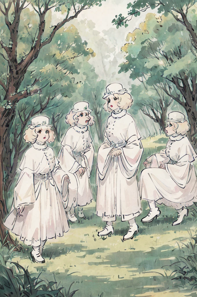 5 white poodle puppies in a beautiful and quiet forest