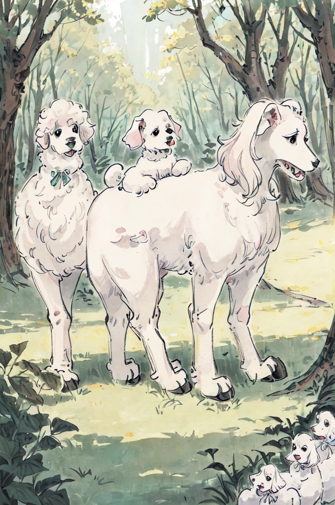 5 white poodle puppies in a beautiful and quiet forest