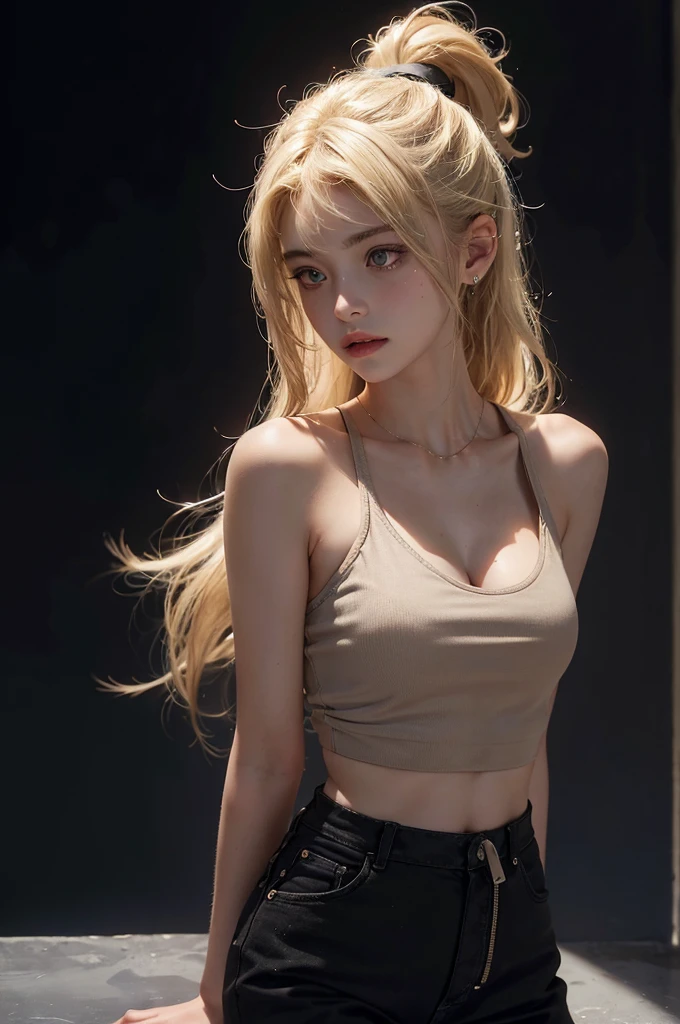 a 20 yo woman, blonde, (High-Top Fed:1.3), dark theme, soothing tones, muted colors, high contrast, (natural skin texture, hyperrealism, Soft light, sharp)