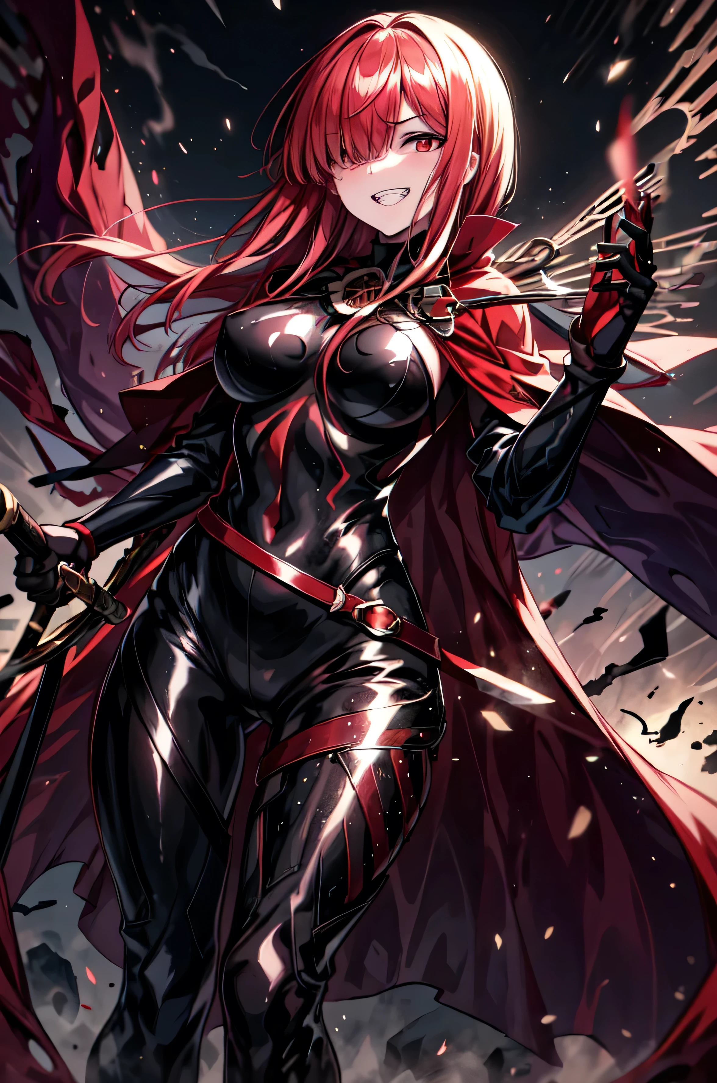 1 girl, cowboy shot, rubble ruins, anger, (battle preparation:1.2), open your mouth, (night:1.2), explosive inflammation, woman, red hair, long hair, anime, red eyes, comics, solo, hair over one eye, cape, red cape, bodysuit, bangs, grin, ((black bodysuit)), holding a Japanese sword in both hands, highest quality, masterpiece, High resolution,