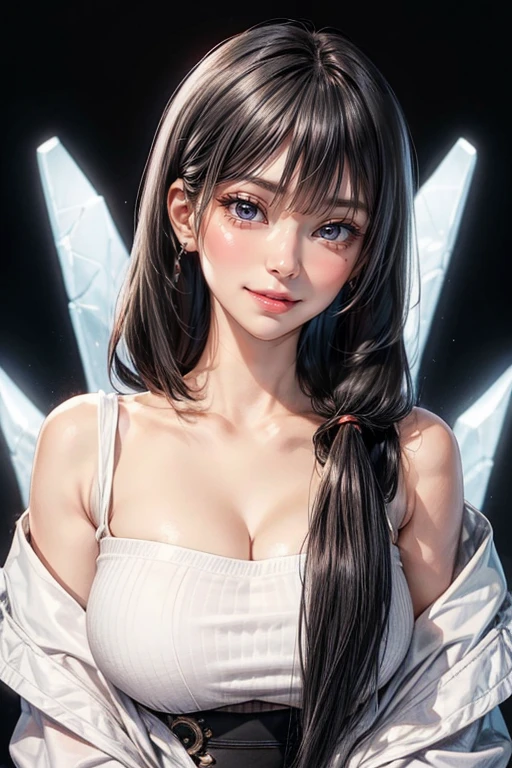 detailed eyes ,huge breasts , long tail hairstyle , portrait , white t-shirt , black background , black hair , smile , black eyes