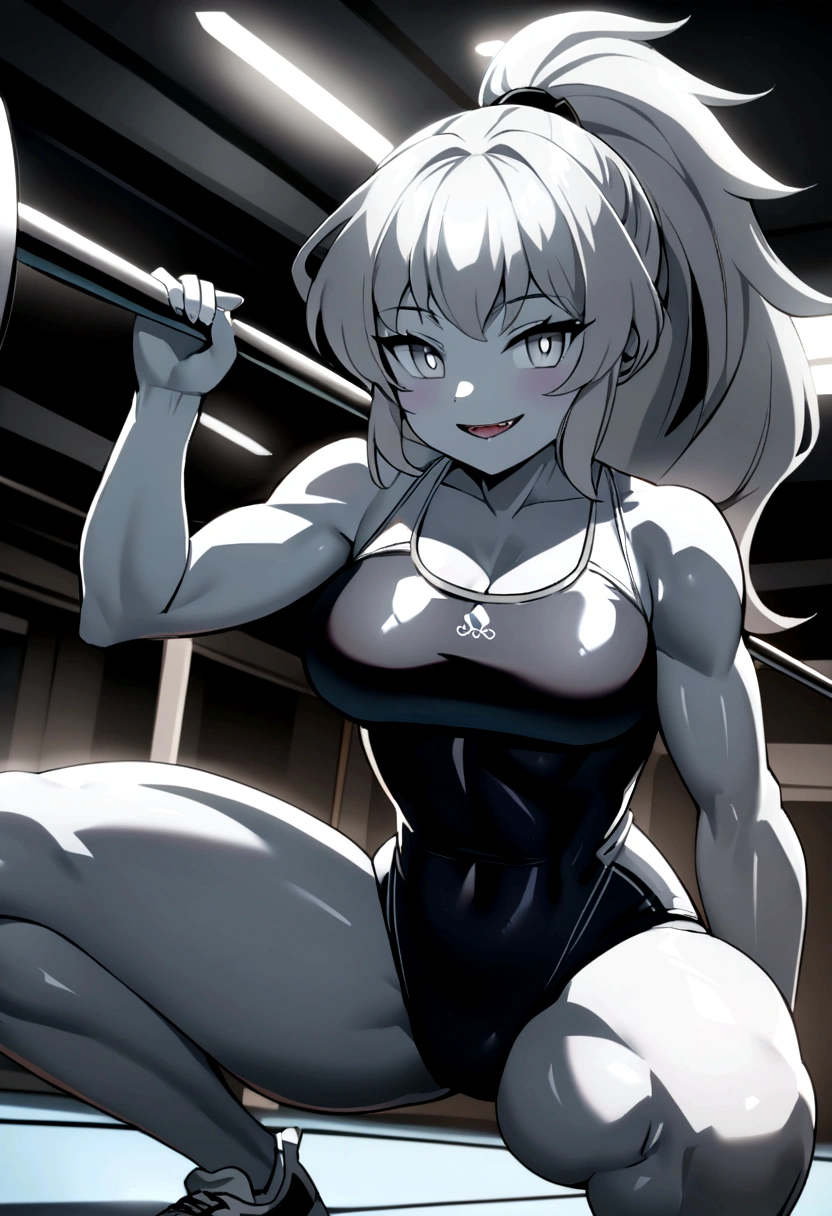 anime style girl 1,70 long light gray hair gray skin shark teeth and gray eyes and light gray pupils very thick and strong legs but no breasts doing squats with an Olympic bar in the gym while smiling widely like crazy while wearing a tight gray black lycra jacket