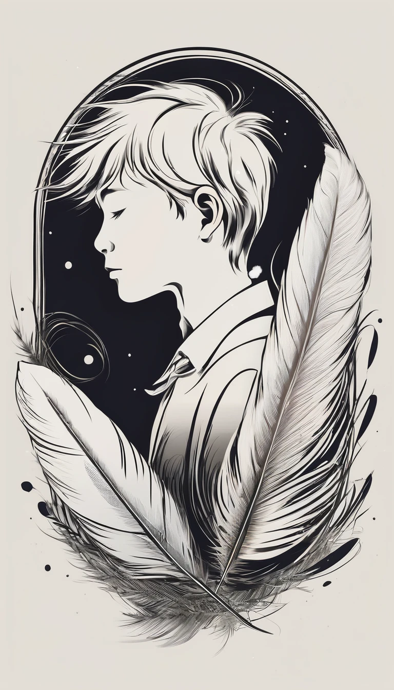 A minimalist, fantastic, poetic, dreamy, captivating, memorable, masterpiece, modern, simple logo design of a boy and a feather for the brand “Penamemoria". The logo must convey a sense of music, stories and dreams. Minimalistic logo design of a boy and a feather.
