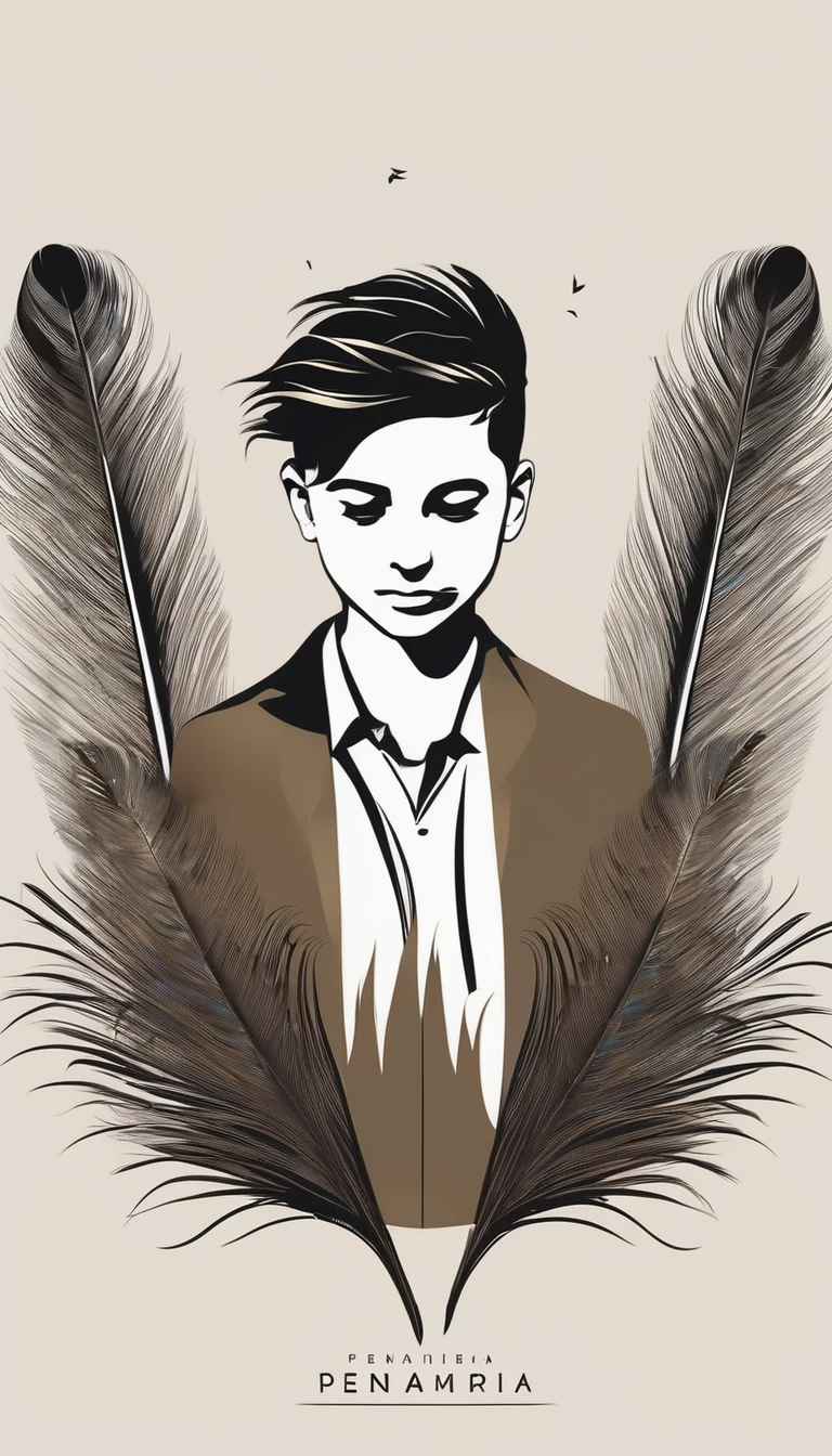A minimalist, fantastic, poetic, dreamy, captivating, memorable, masterpiece, modern, simple logo design of a boy and a feather for the brand “Penamemoria". The logo must convey a sense of music, stories and dreams. Minimalistic logo design of a boy and a feather.