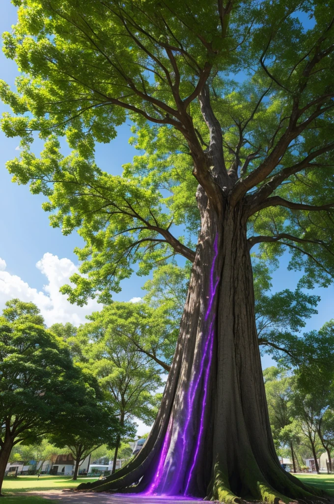 A giant tree, with a white trunk and bright blue leaves, with a purple aura.
the tree is in the middle of a small town, circling the gigantic tree