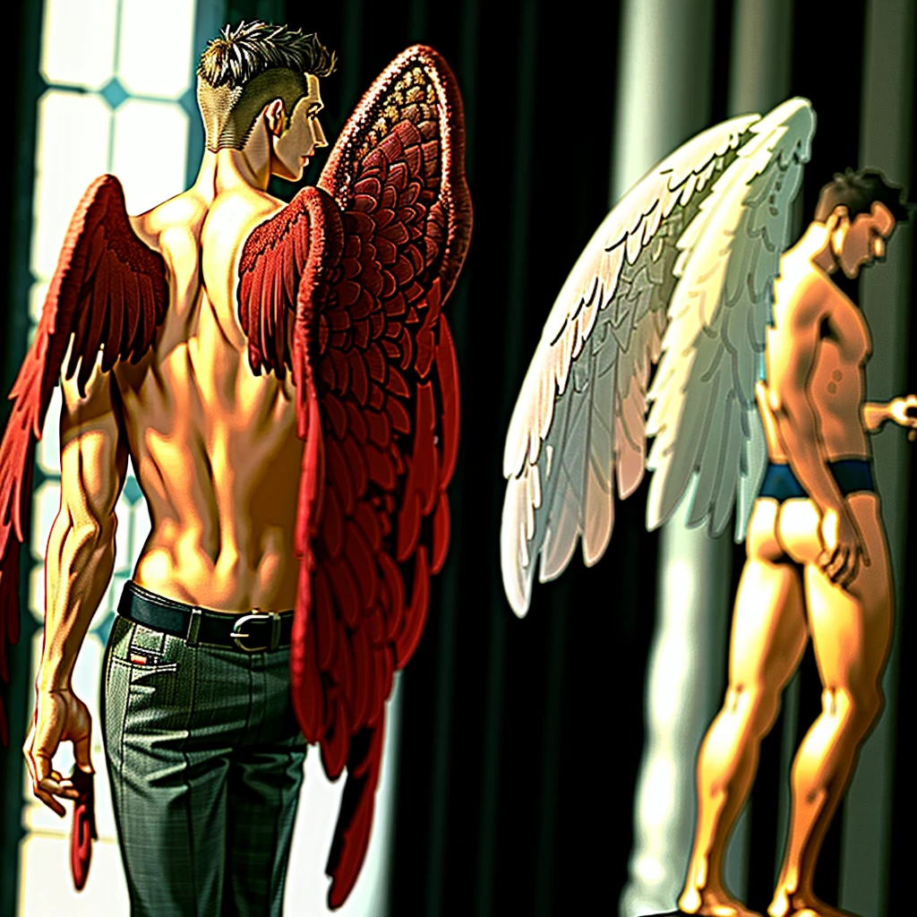 masterpiece, absurdres, highly detailed, photorealistic, realistic, wings, from_behind, looking_back, pants, belt, 1boy, (_male:1.8), (muscular_male:0.5)