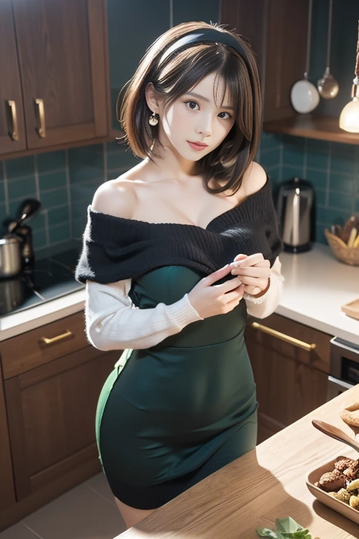 (small breasts:1.3), (perky chest:1.1), (pointed chest:1.0), (fashion magazine cover:1.3),(from below:1.0),(from side:0.9),masterpiece, 1girl, Amazing Cleavage:1.1, thin waist, big ass, Raised sexy, small breast: 1.3, posed cleavage:1.2、solo, looking at viewer, open mouth, have a cute grass of cute beergrass,black hair, dark green eyes, dress, bare shoulders, jewelry, collarbone, sidelocks, hairband, earrings, indoors, off shoulder, :o, sweater, arms behind back, plant, short hair with long locks, gild hairband, off-shoulder dress, sweater dress, off-shoulder sweater, red sweater, dark gord hair, big side hair, very long side hair,is rendered in (masterpiece: 1.2, best quality), with (ultra high resolution) and an exquisite (depth of field). This masterpiece is not only visually stunning but also tells,A scene of cooking in the kitchen by classroom