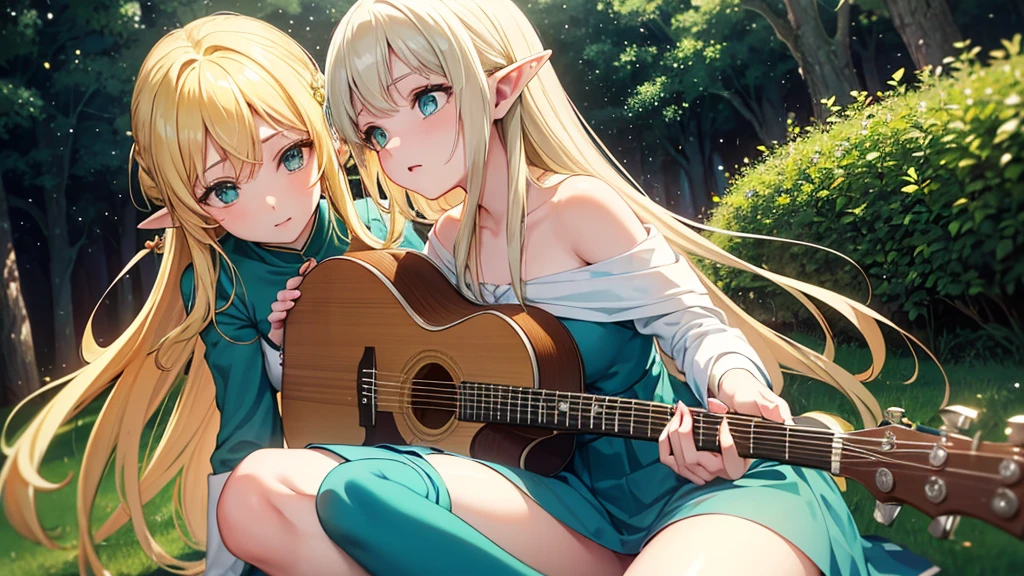 Top quality, masterpiece, ((1 person)), blonde elf girl playing Irish bouzouki in the center, long hair, emerald jewel eyes, teal and white gwaise style, soft orange light at dusk, square, sexy but cute, older sister, ((25 years old)), faint light particles drifting, everyone fussing, warm tones and a relaxed atmosphere